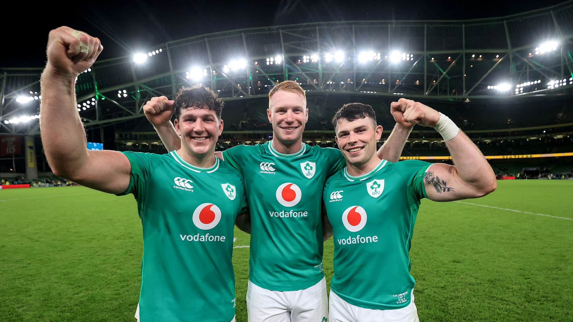 Tom Stewart, Ciaran Frawley and Calvin Nash celebrate after the game 5/8/2023