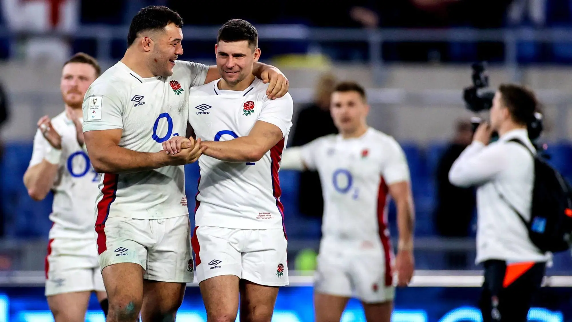 Ellis Genge and Ben Youngs celebrate winning against Italy