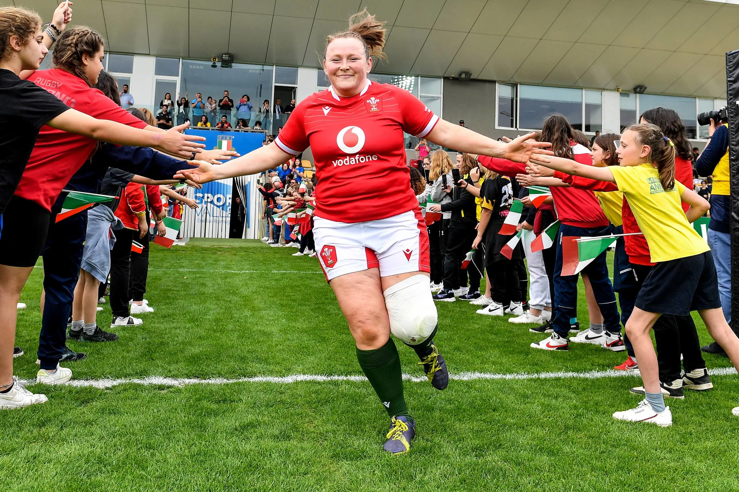 Caryl Thomas makes her way on to the pitch 29/4/2023