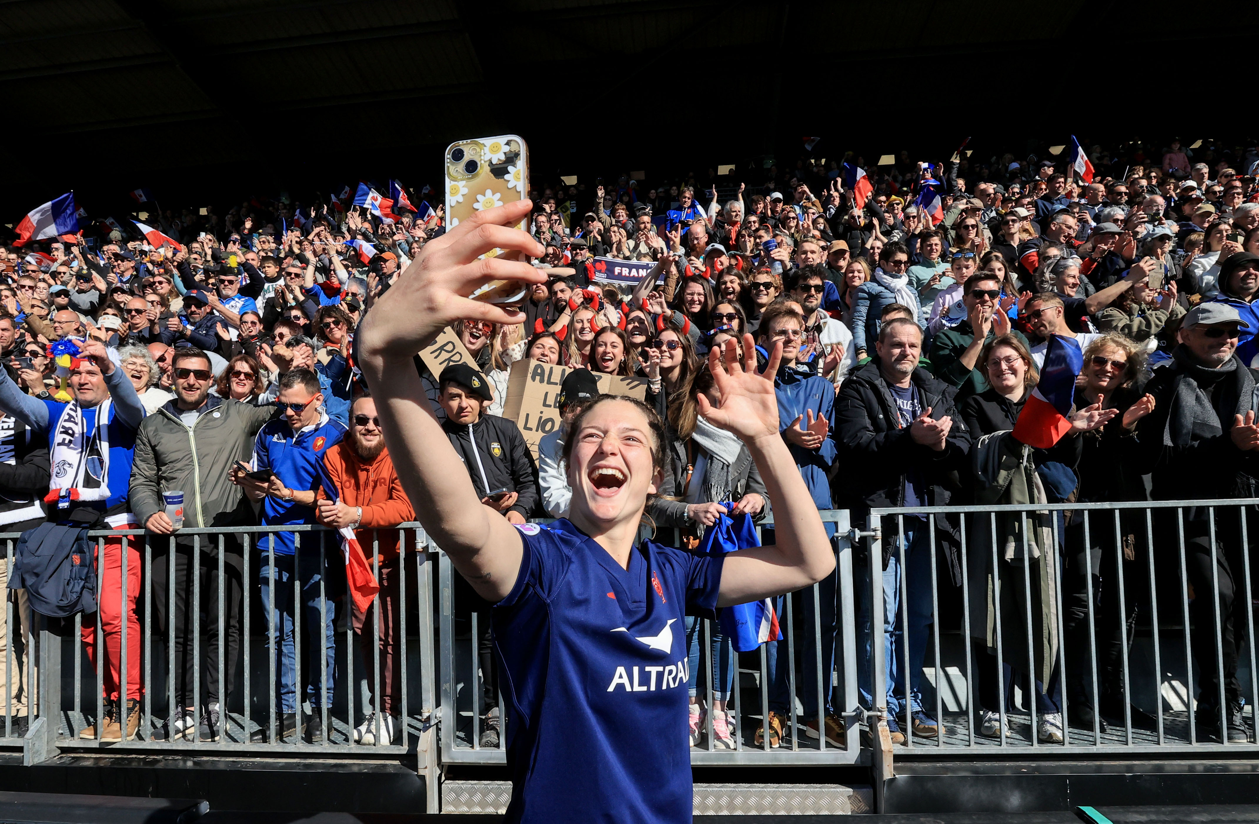 Morgane Bourgeois of France celebrates after the 2025 Guinness Women's Six Nations Championship Round 2 game between France and Scotland in the Stade Marcel-Deflandre, La Rochelle, France, Saturday, March 29, 2025 (Photo by Dan Sheridan / Inpho)