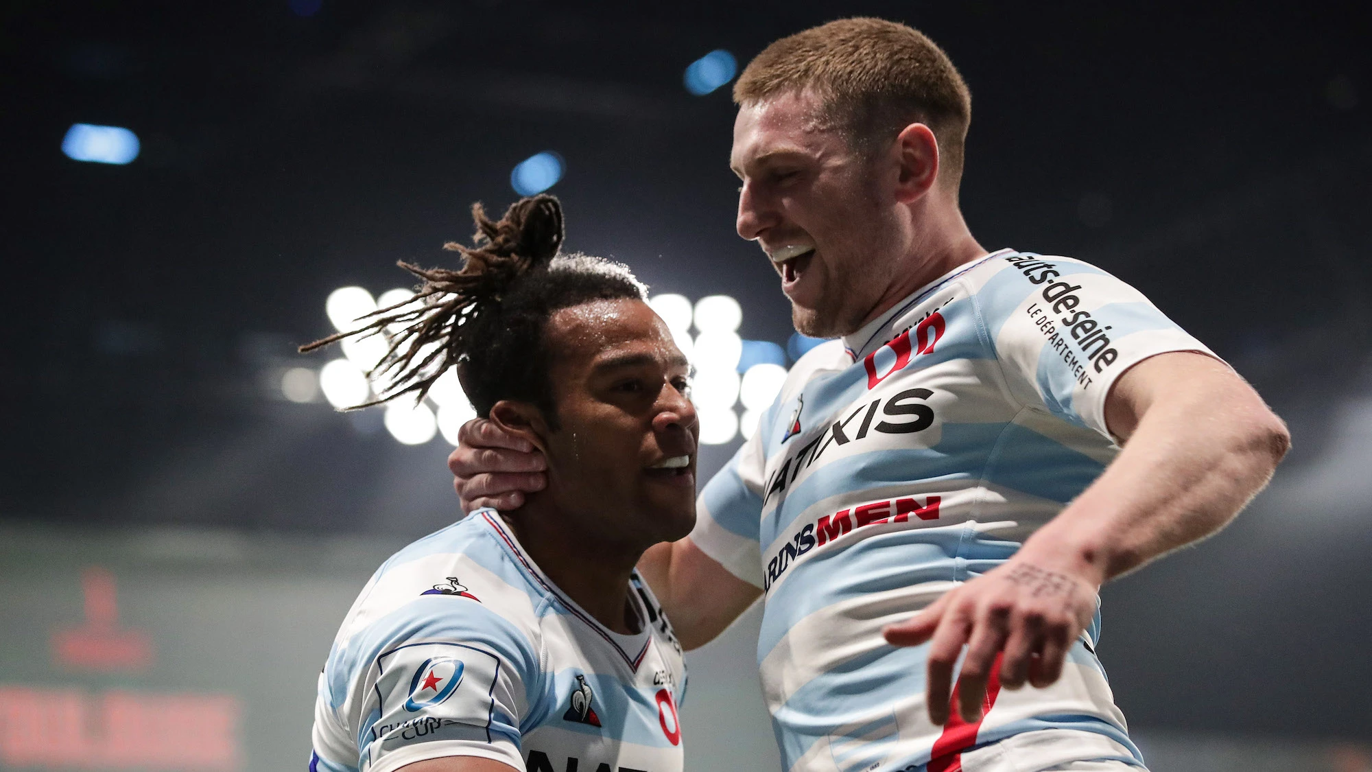 Racing 92&#8217;s Teddy Thomas and Finn Russell celebrate a try  31/3/2019