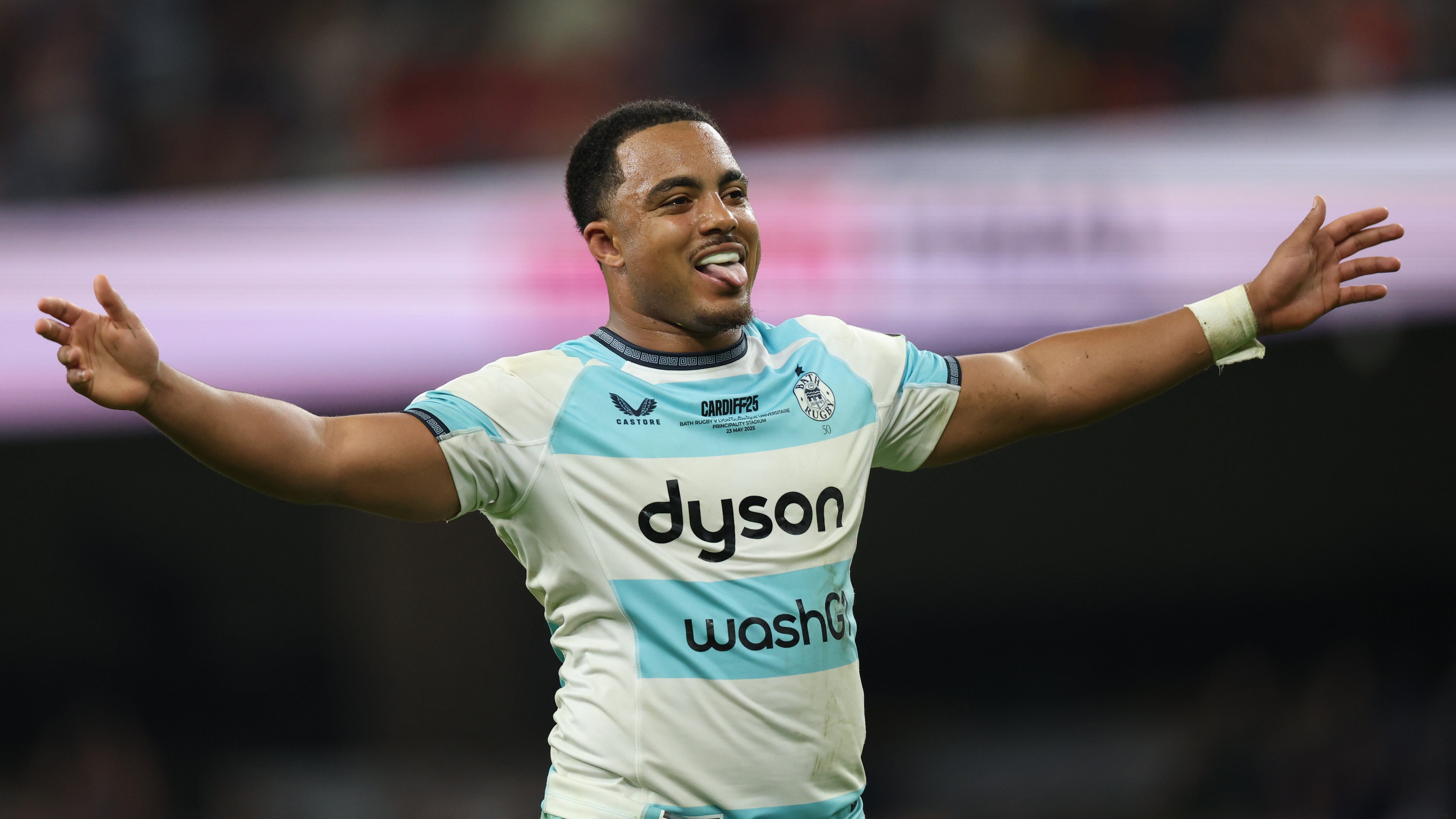 Max Ojomoh celebrates winning the European Rugby Challenge Cup Final with Bath Rugby against Lyon in 2025.