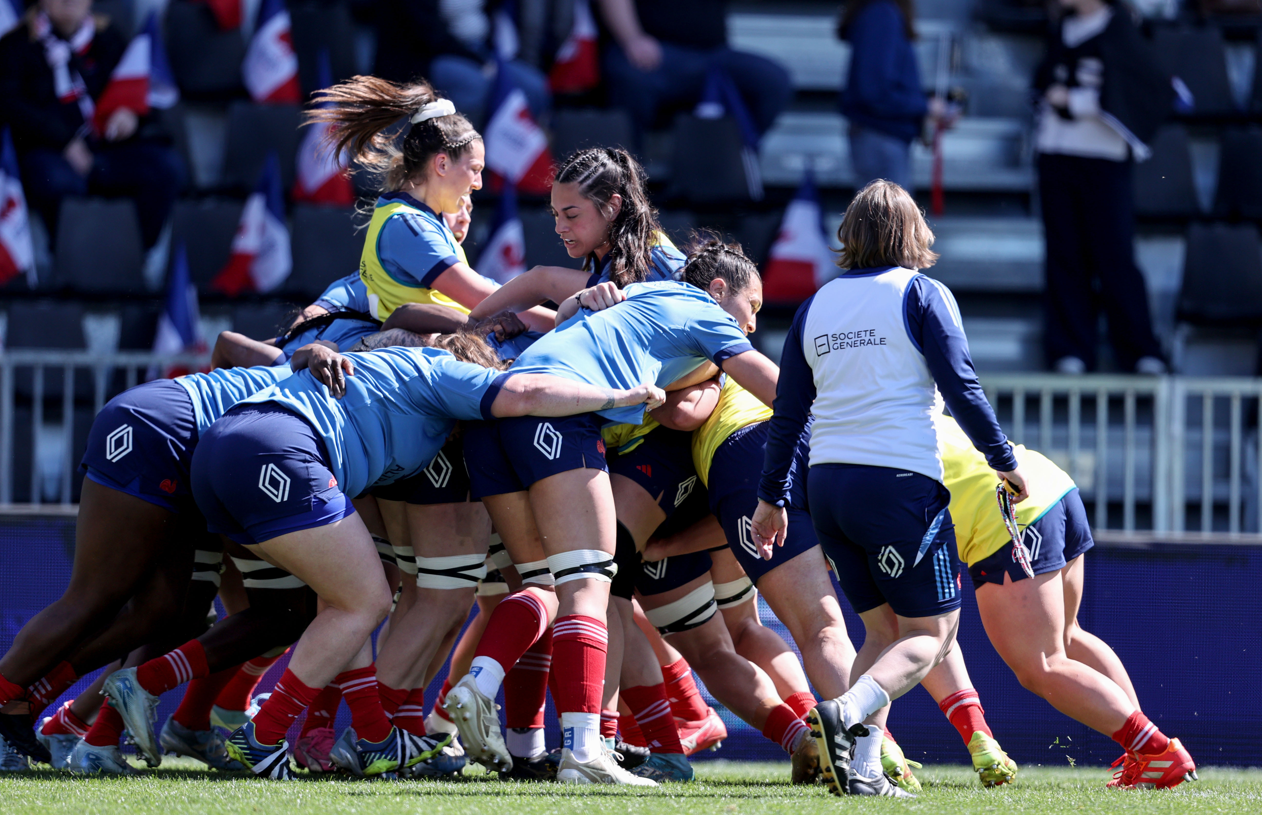 A view of the French warm-up ahead of the 2025 Guinness Women's Six Nations Championship Round 2 game between France and Scotland in the Stade Marcel-Deflandre, La Rochelle, France, Saturday, March 29, 2025 (Photo by Dan Sheridan / Inpho)