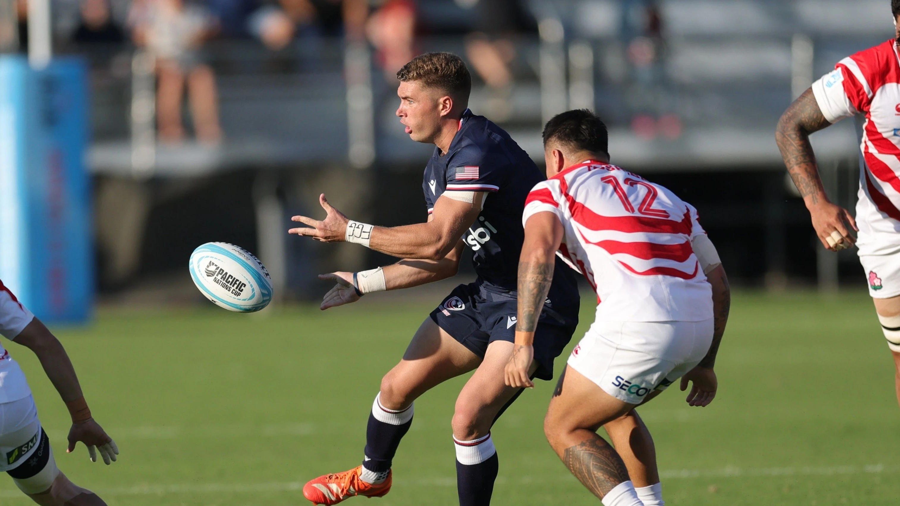 An action shot from the 2025 Pacific Nations Cup match between USA and Japan.