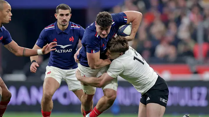 France's Paul Boudehent is tackled during the Autumn Nations Series between France and New Zealand at Stade de France, Paris, France Saturday, November 16th, 2024 (Photo by Laszlo Geczo / Inpho)
