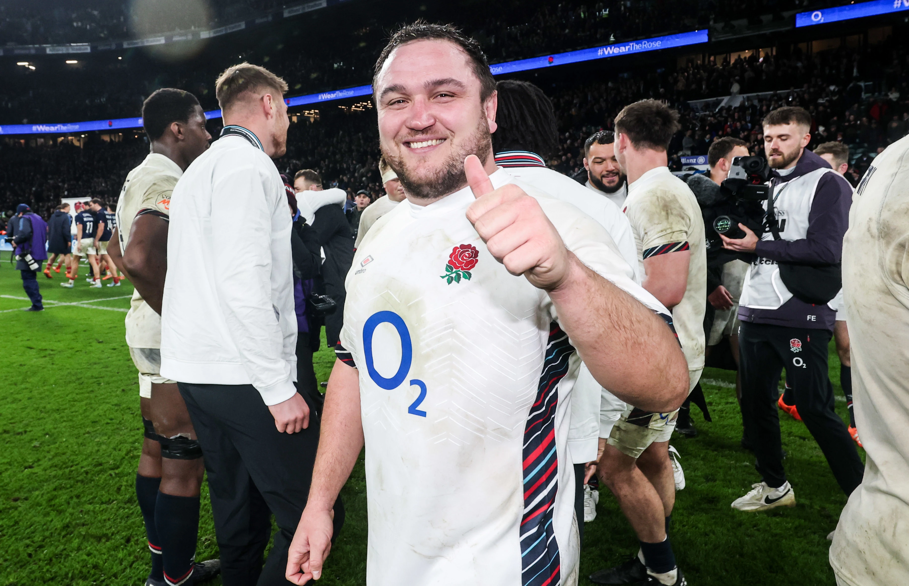 Jamie George celebrating victory against Scotland - M6N 2025