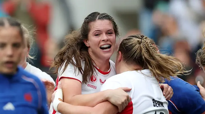 Abbie Ward of England celebrates scoring her team's third try during the Women's Rugby World Cup 2025 Semi Final match between France and England at Ashton Gate
