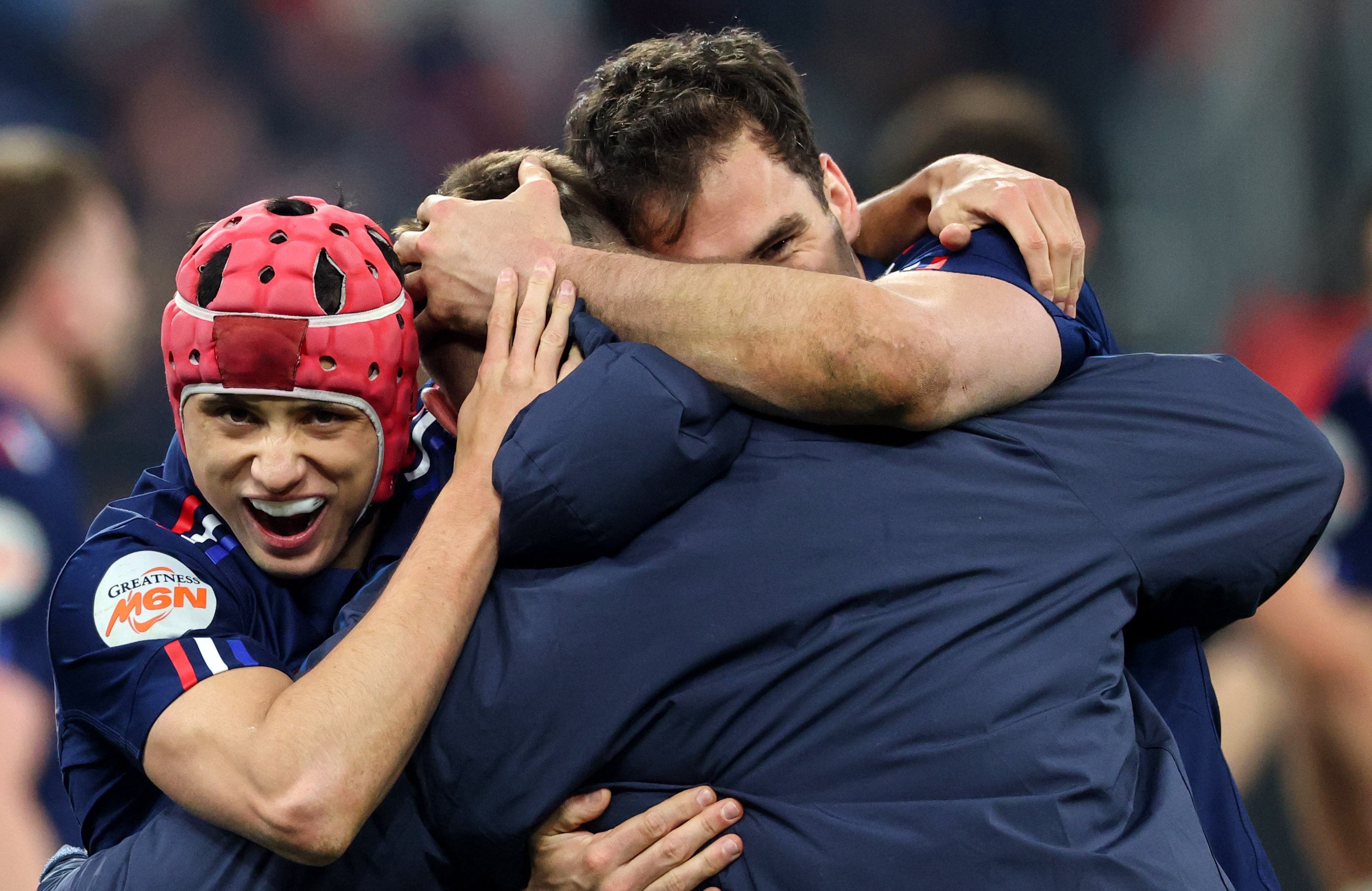 France's Louis Bielle-Biarrey and Damian Penaud celebrate winning after the 2025 Guinness Six Nations Championship Round 5 game between France and Scotland in the Stade de France, Paris, France, Saturday, March 15, 2025 (Photo by James Crombie / Inpho)