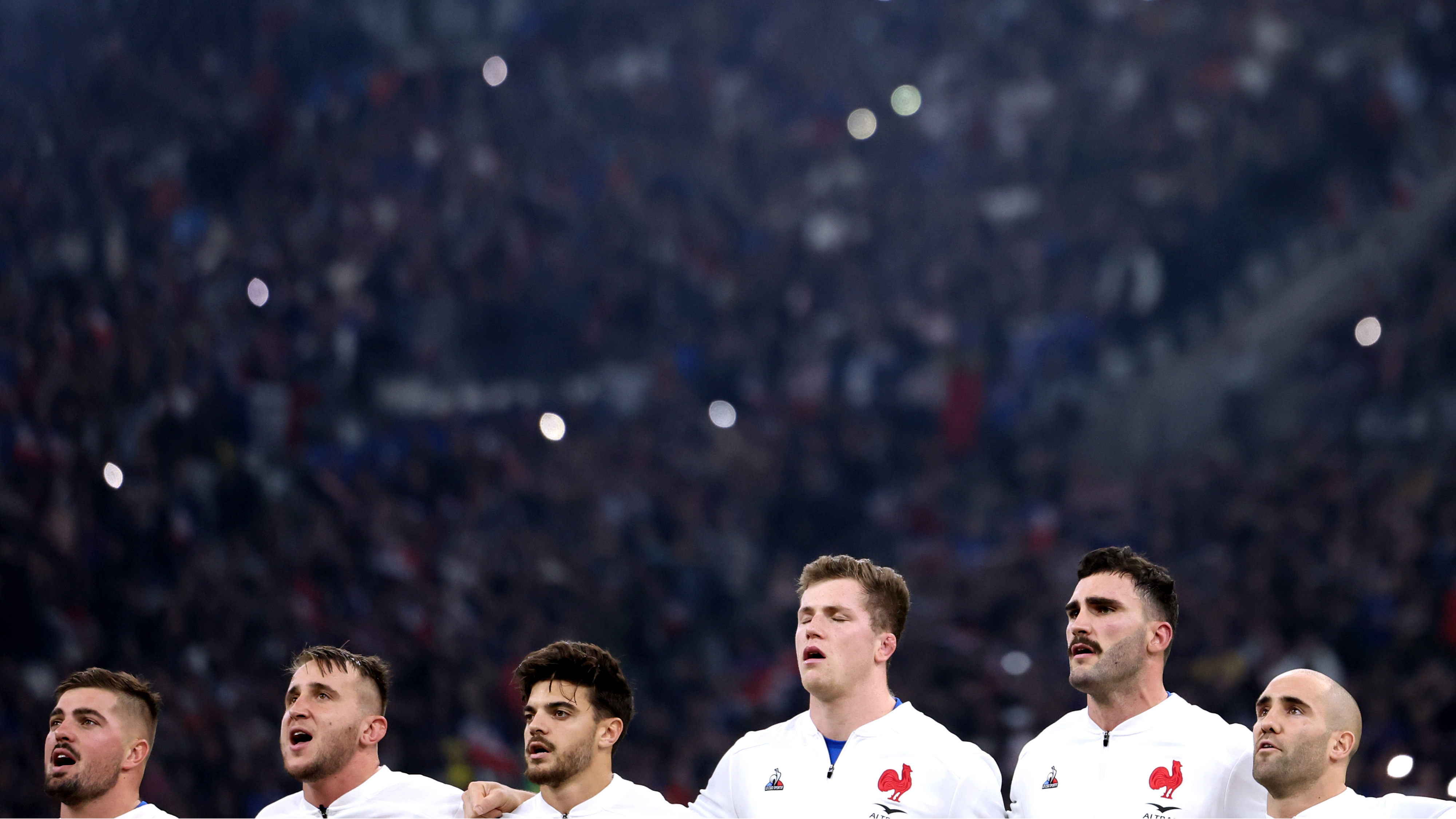 2022 Autumn Nations Series, Orange Velodrome, Marseille, France 12/11/2022 France vs South Africa France’s Gregory Alldritt, Anthony Jelonch, Romain Ntamack, Thibaud Flament, Charles Ollivon, Maxime Lucu, Matthieu Jalibert and Cameron Woki Mandatory Credit ©INPHO/James Crombie
