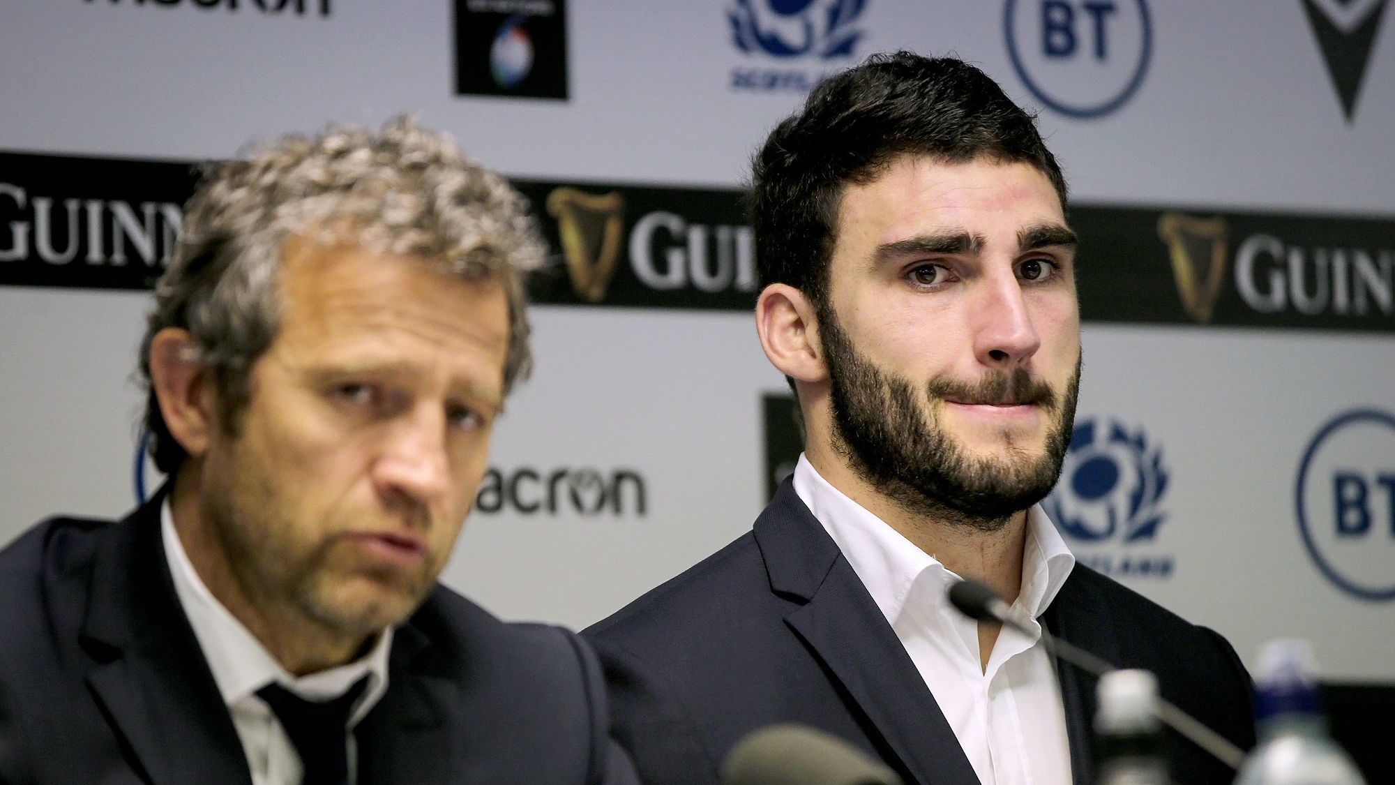Fabien Galthié and Charles Ollivon during the post match press conference 8/3/2020
