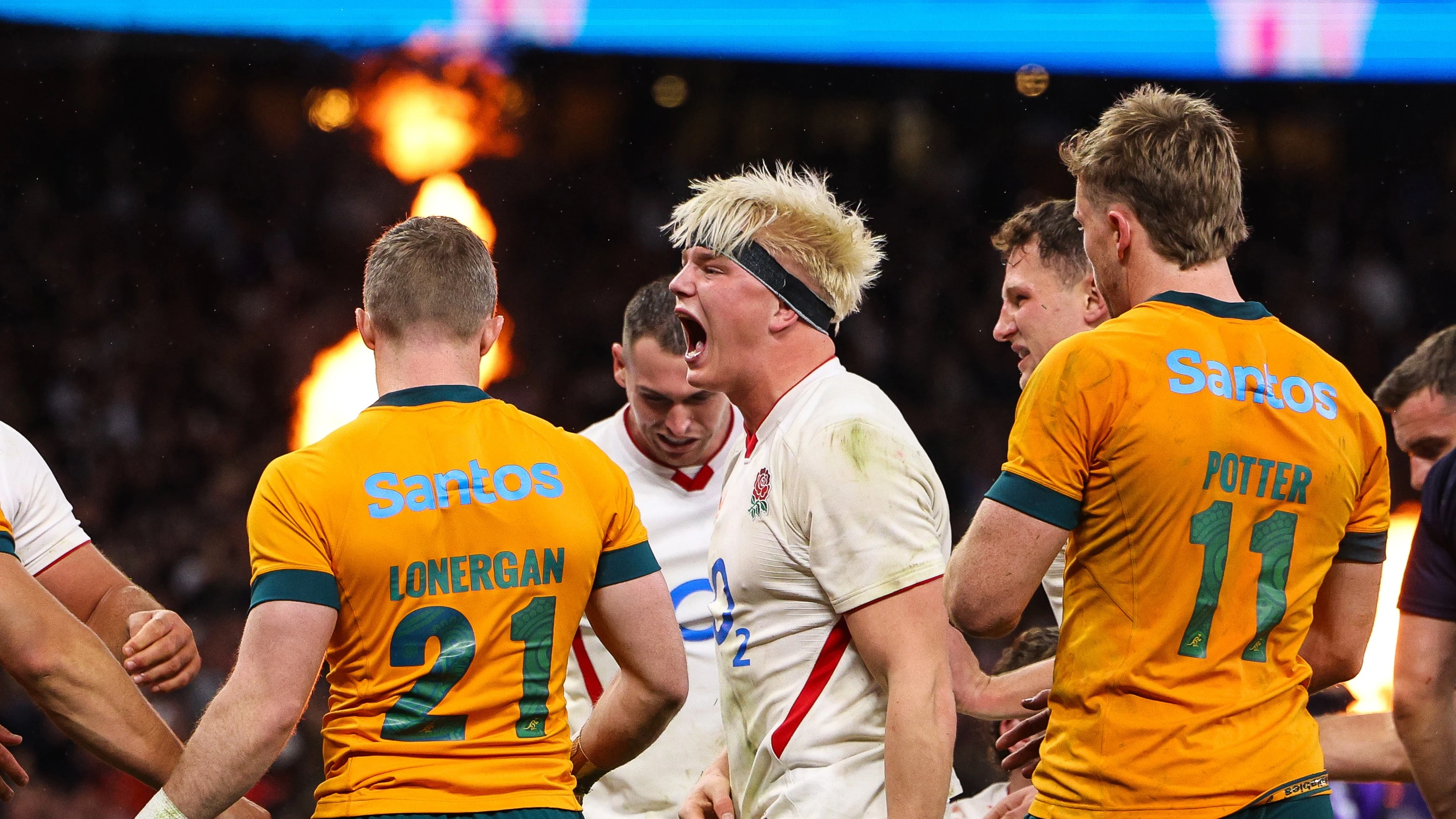 England's Henry Pollock celebrates after Alex Mitchell scores his sides 3rd try of the match during the 2025 Quilter Nations Series game between England and Australia.