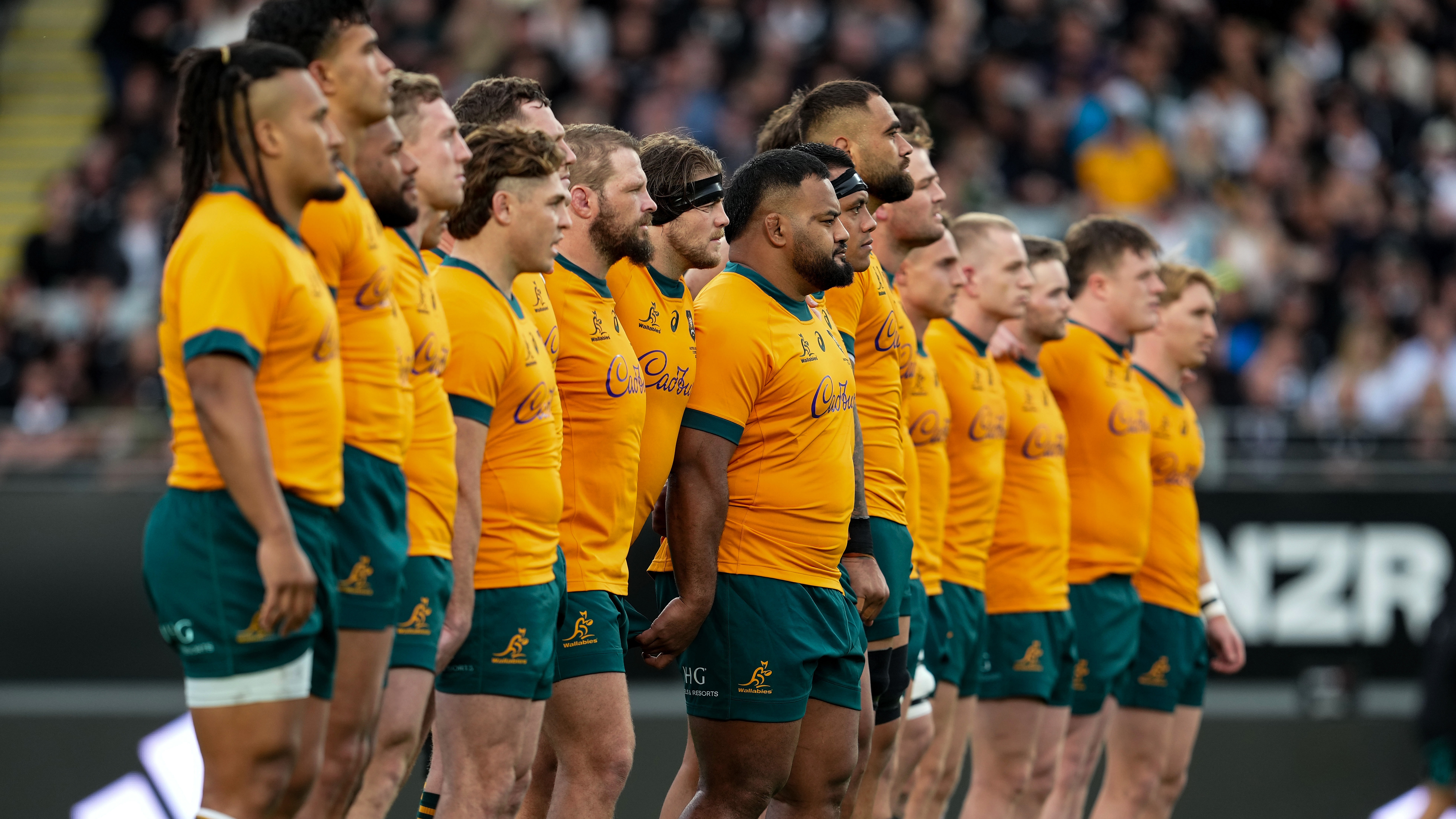 The Wallabies during the anthems at the 2025 Rugby Championship.