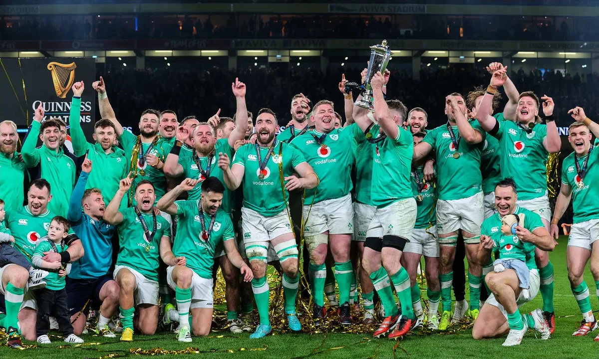 Ireland celebrating winning the 2024 Guinness Men's Six Nations Championship.