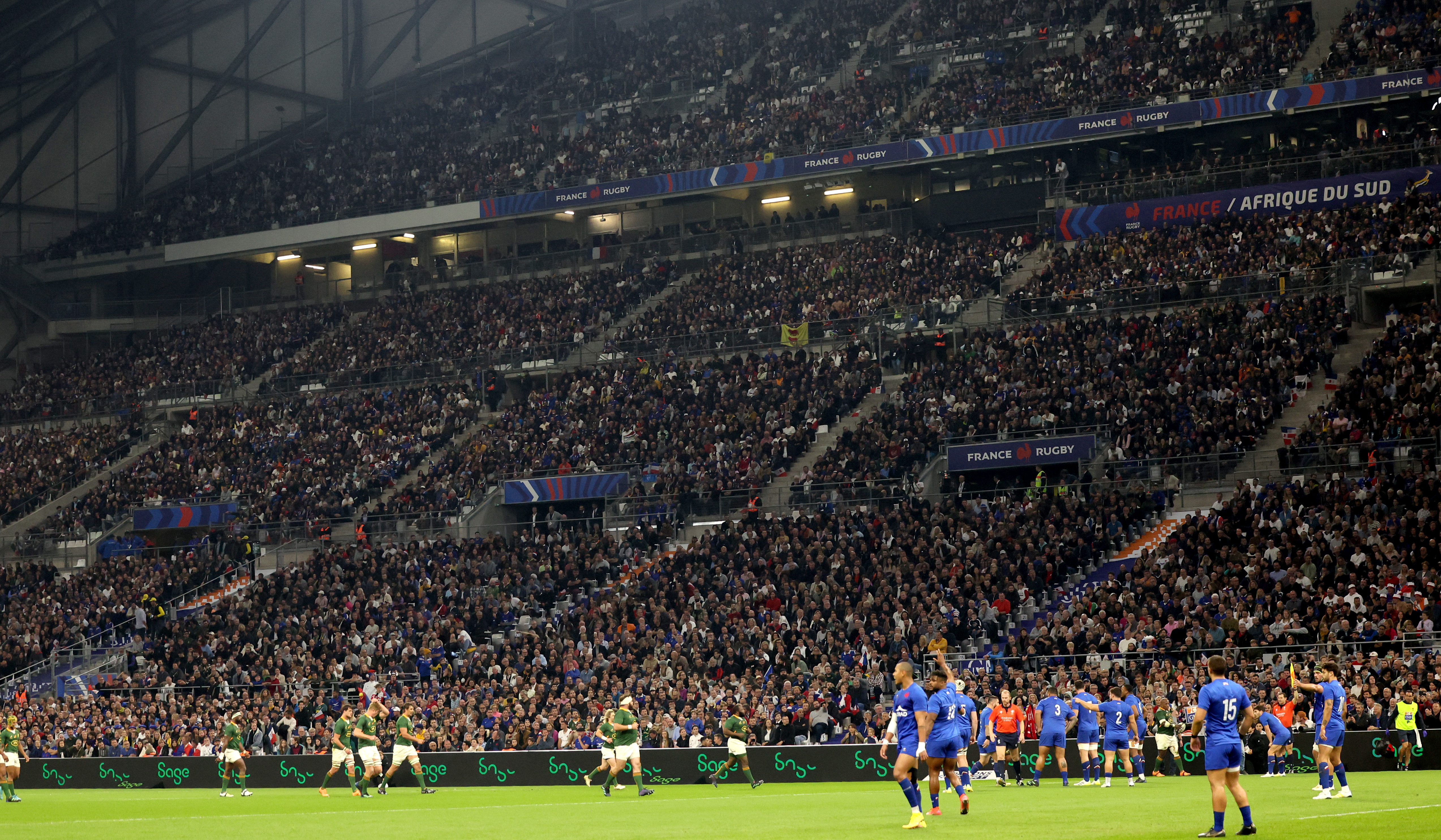 2022 Autumn Nations Series, Orange Velodrome, Marseille, France 12/11/2022 France vs South Africa Sage Branding Mandatory Credit ©INPHO/James Crombie