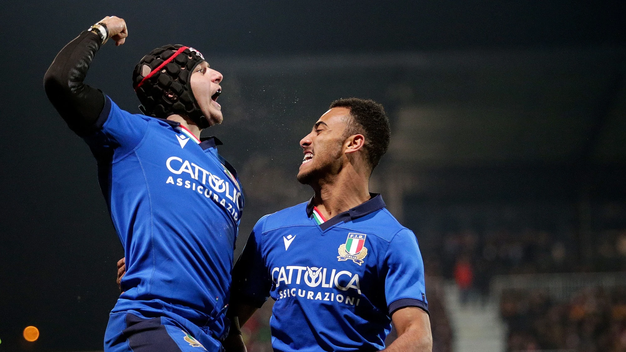 Cristian Lai celebrates scoring a try with Michel Mba 7/2/2020
