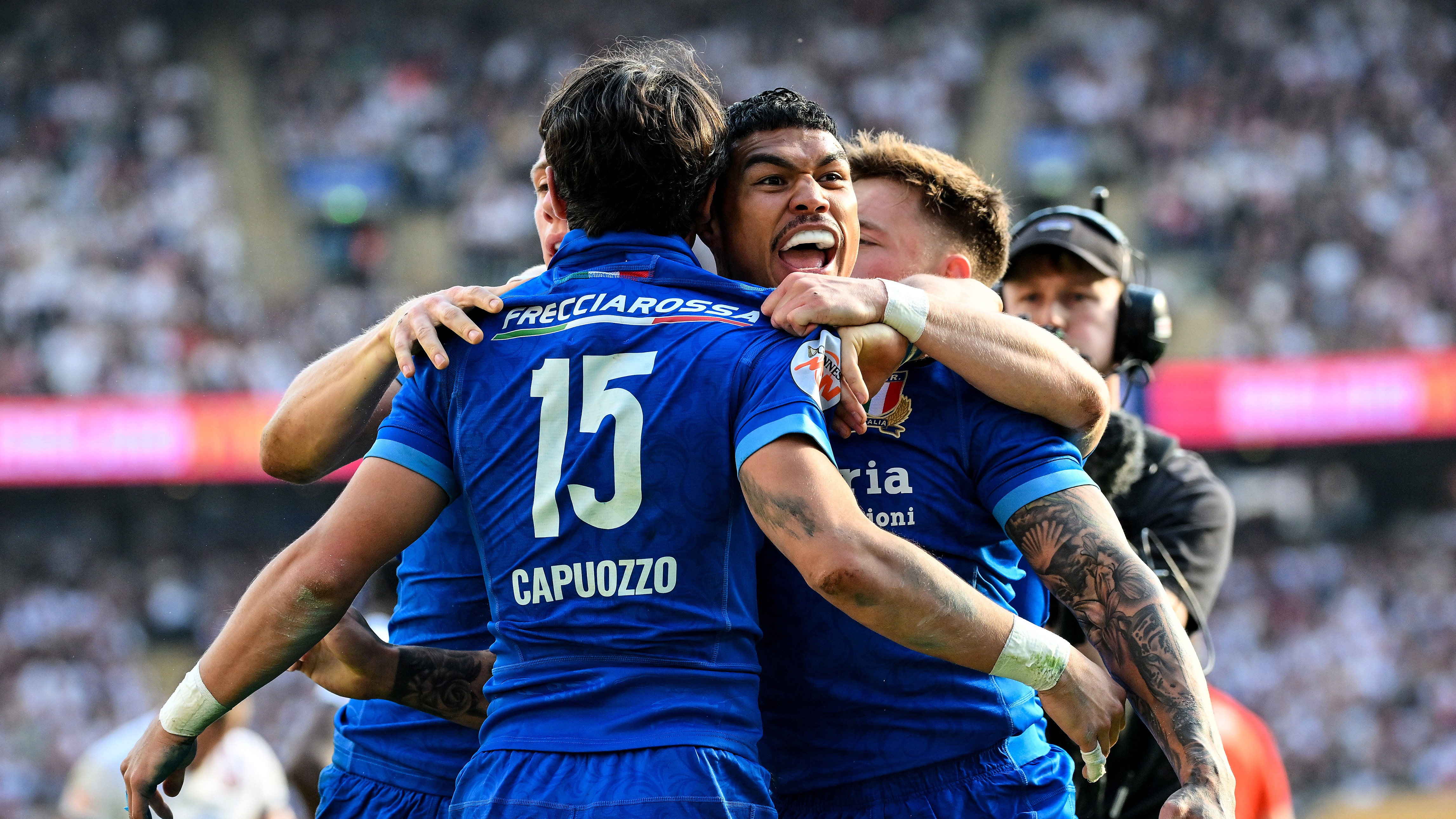 Italy players celebrate a try during the 2025 Guinness Men's Six Nations.
