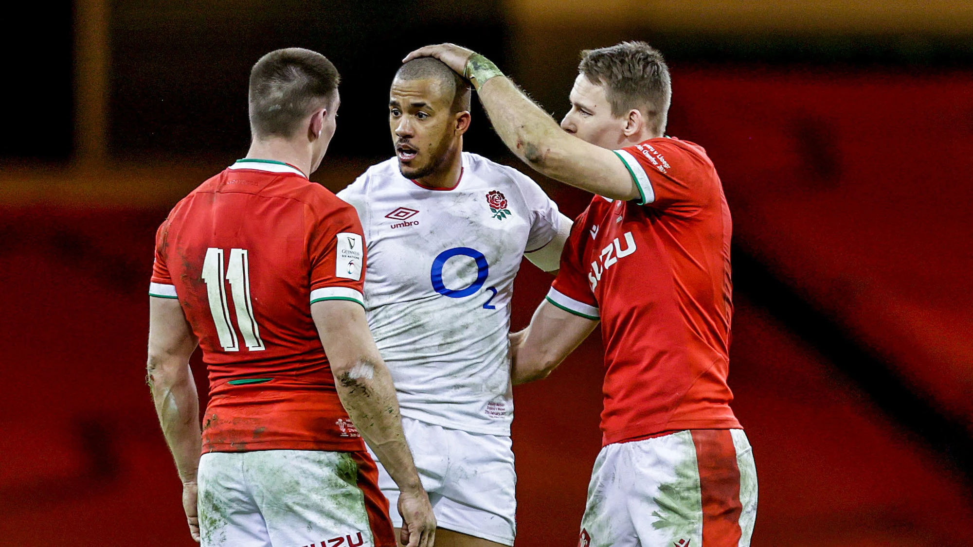 Josh Adams and Liam Williams with Anthony Watson after the game 27/2/2021