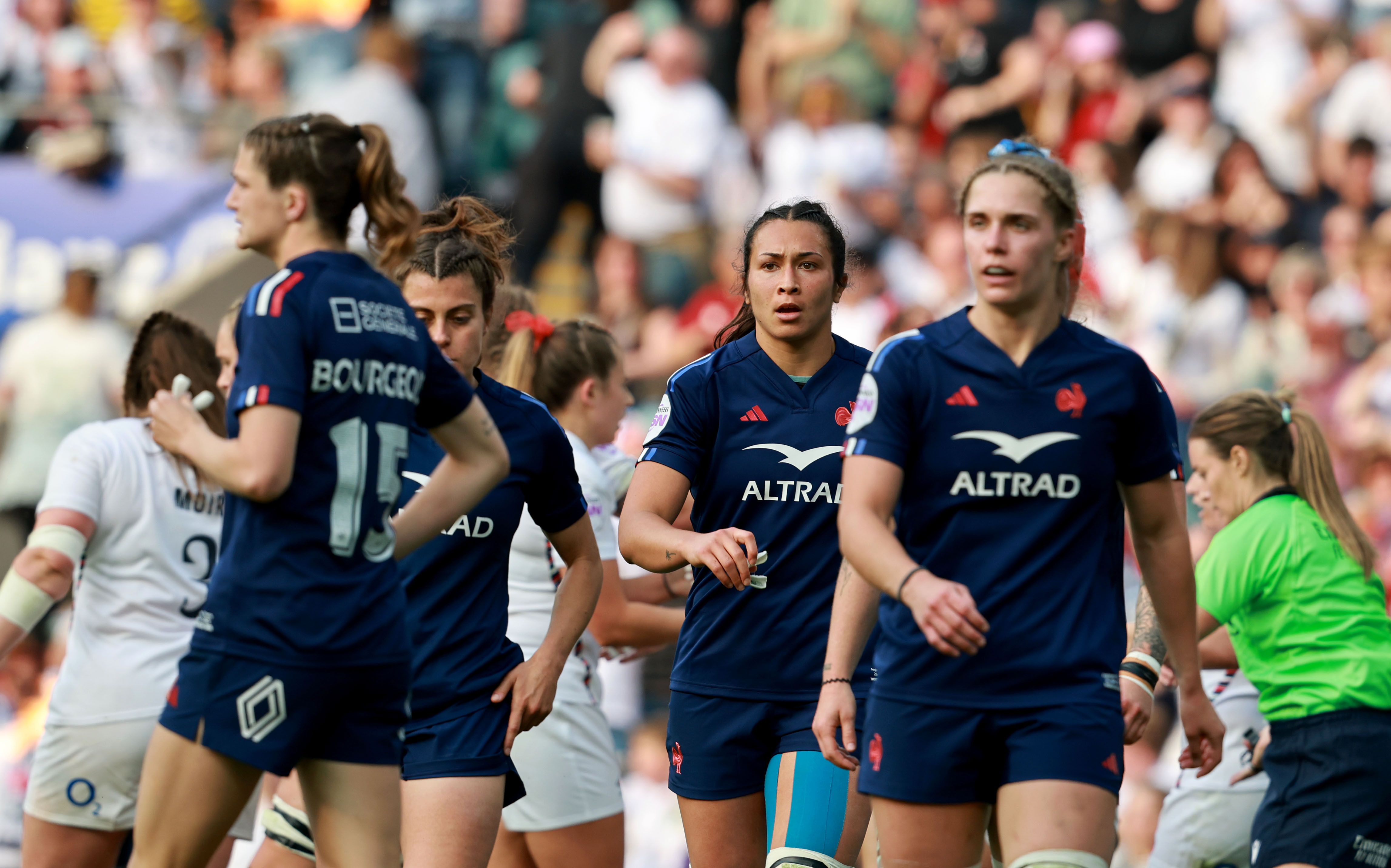 Manae Feleu of France dejected after conceding a try during the 2025 Guinness Women's Six Nations Championship Round 5 game between England and France in Allianz Twickenham Stadium, London, England, Saturday, April 26, 2025 (Photo by Dan Sheridan / Inpho)