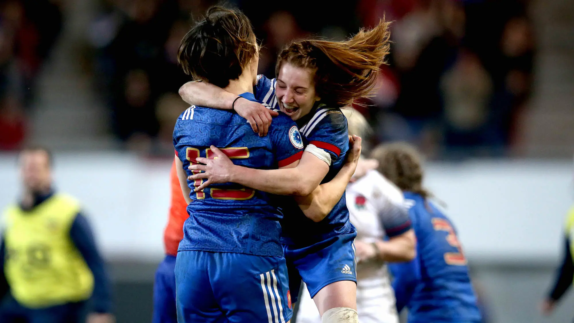 Jessy Tremouliere and Pauline Bourdon celebrate at the final whistle 10/3/2018