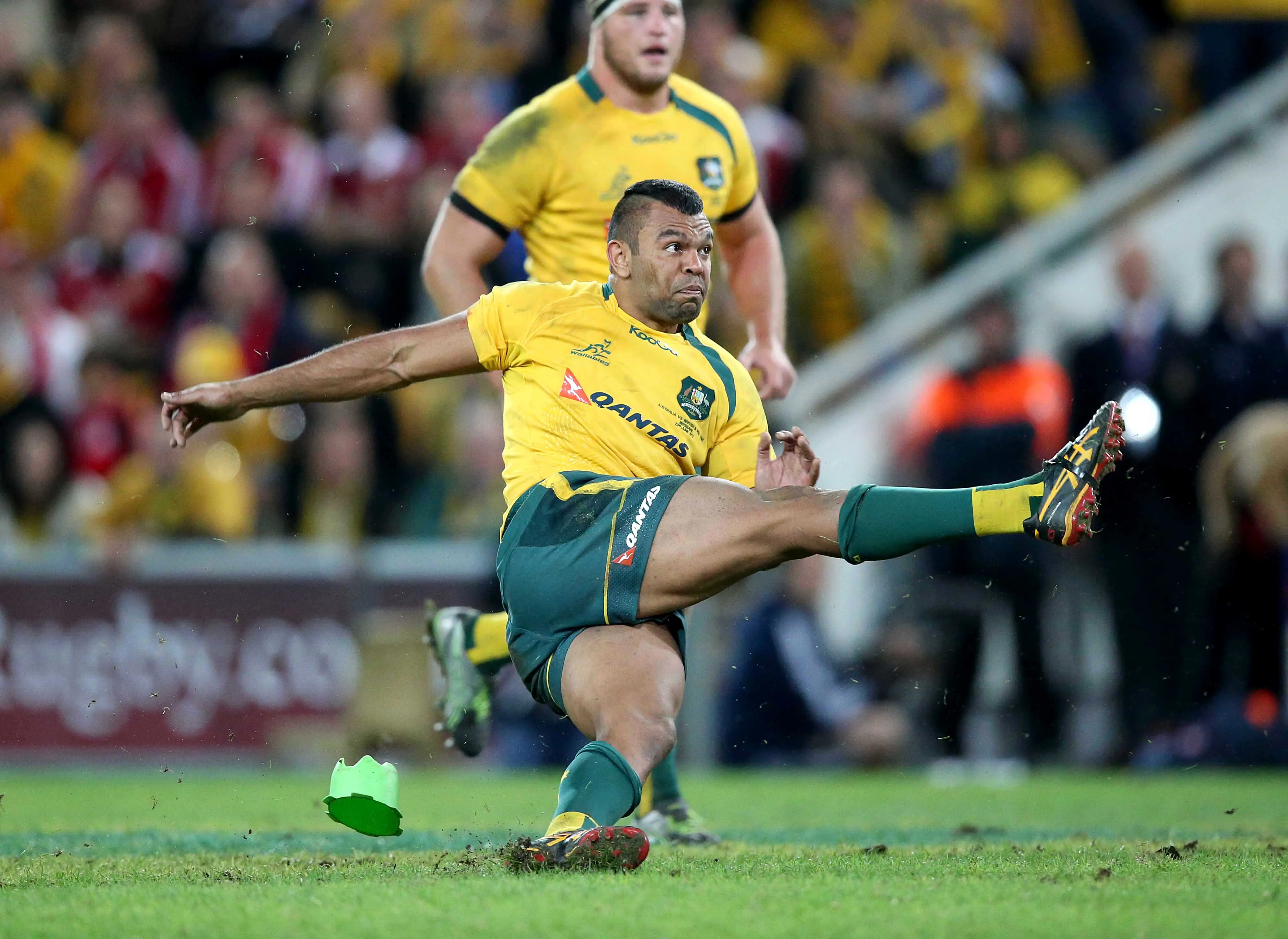 Kurtley Beale slips as he takes a penalty against the Lions, 2013