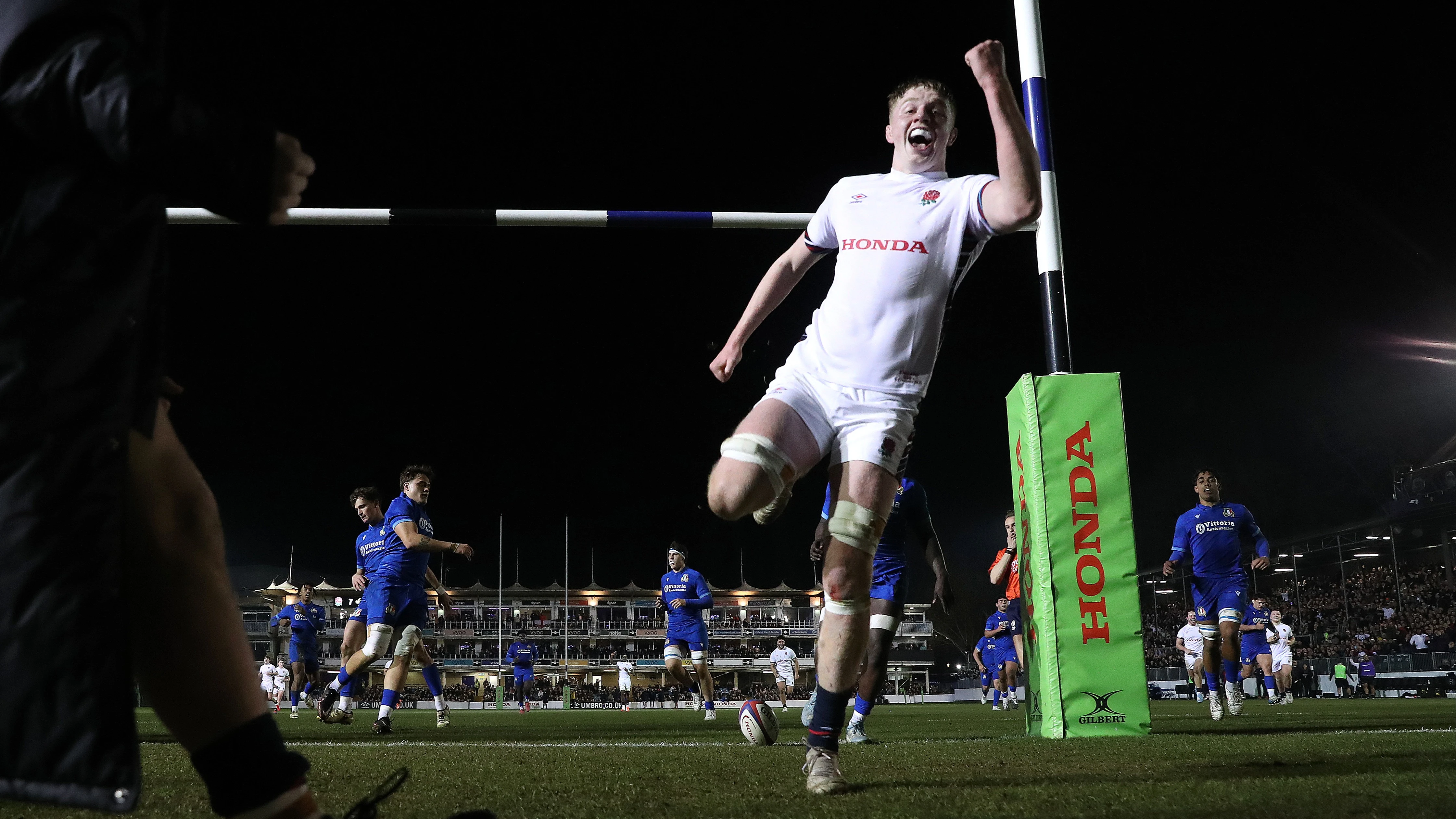 Tom Burrow celebrates scoring against Italy - U20 6N 2025