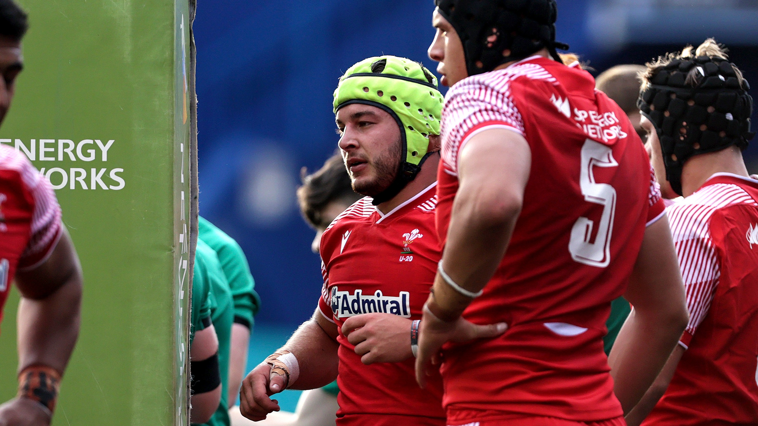 Harri Deaves featuring for Wales U20 in 2021, standing alongside Dafydd Jenkins.