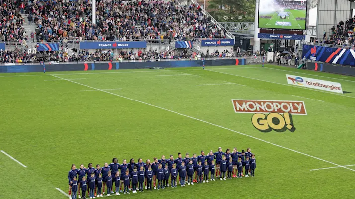 The France team stand for the national anthems ahead of the 2025 Guinness Women's Six Nations Championship Round 3 game between France and Wales in Stade Amedee-Domenech, Brive-la-Gaillarde, France, Saturday, April 12, 2025 (Photo by Manuel Blondeau / Inpho)
