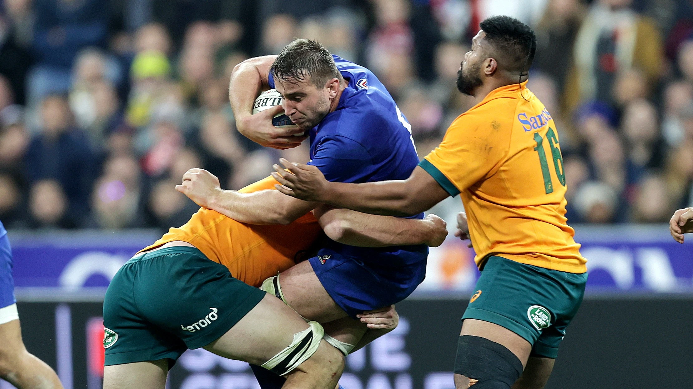 France's Anthony Jelonch is tackled by Australian duo Nick Frost and Folau Fainga’a during the 2022 Autumn Nations Series.