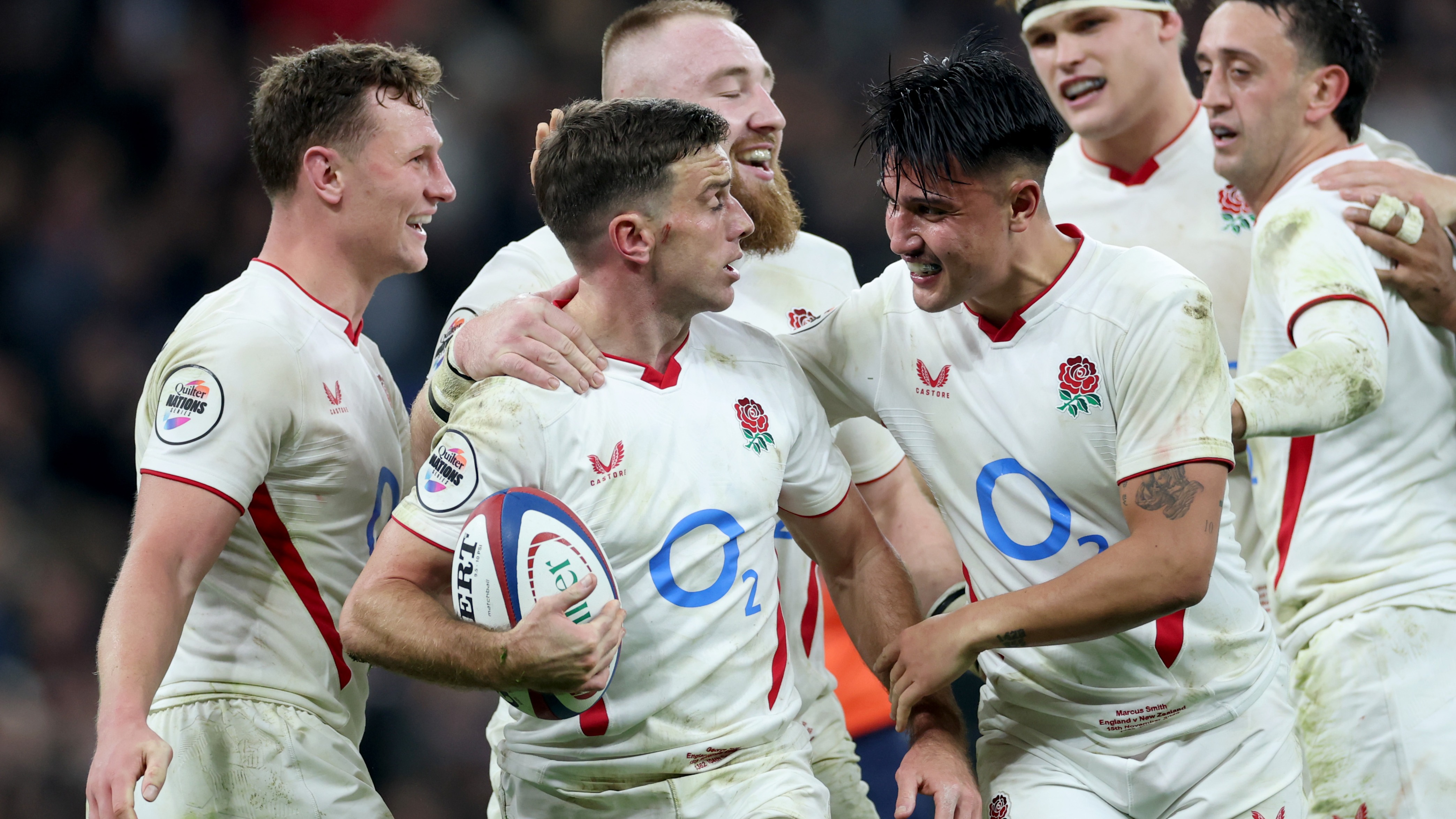 England's Fraser Dingwall, George Ford, Joe Heyes, Marcus Smith, Guy Pepper, Alex Mitchell and Ollie Lawrence celebrate a try against New Zealand during the the 2025 Quilter Nations Series.