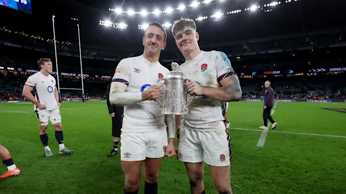 Alex Mitchell and Fin Smith with the Calcutta Cup, 2025