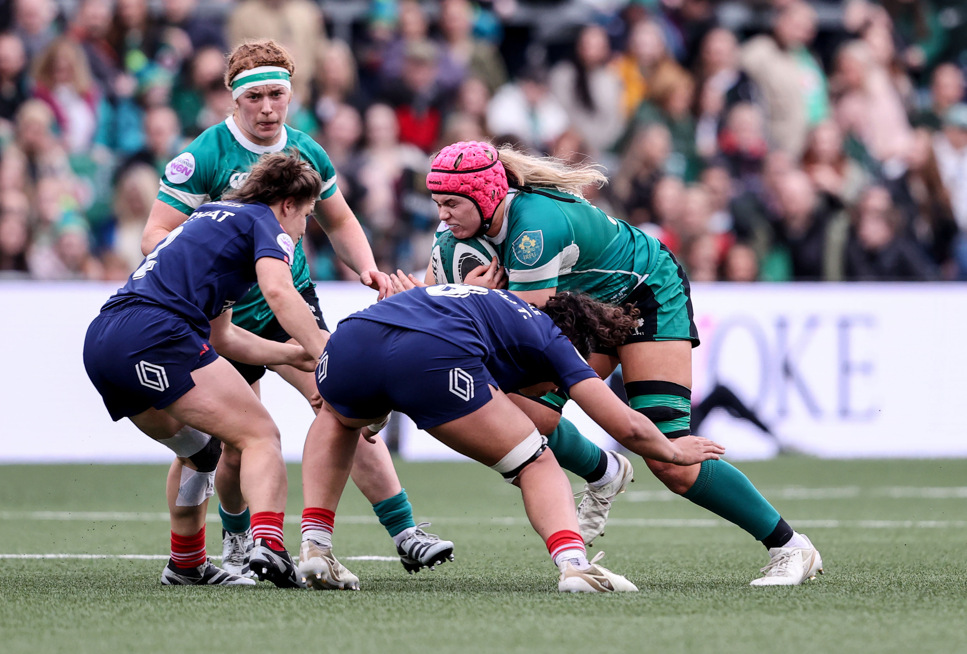 Ireland's Dorothy Wall comes up against France's Agathe Sochat and France's Teani Feleu during the 2025 Guinness Women's Six Nations Championship Round 1 game between Ireland and France in the Kingspan Stadium, Belfast, Northern Ireland, Saturday, March 22, 2025 (Photo by Dan Sheridan / Inpho)