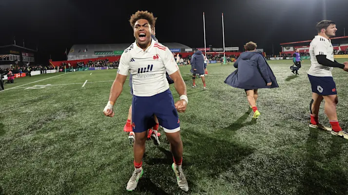 France’s Simeli Daunivucu celebrates winning after the 2025 Under 20 Six Nations Championship Round 4 between Ireland and France in Virgin Media Park, Cork, Ireland, Friday, March 7, 2025 (Photo by James Crombie / Inpho)