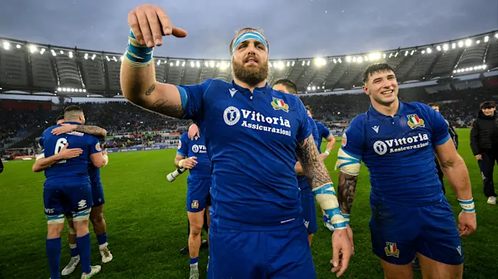 Italy's Niccolo Cannone and Tommaso Menoncello after the 2025 Guinness Six Nations Championship Round 2 victory against Wales in Rome.