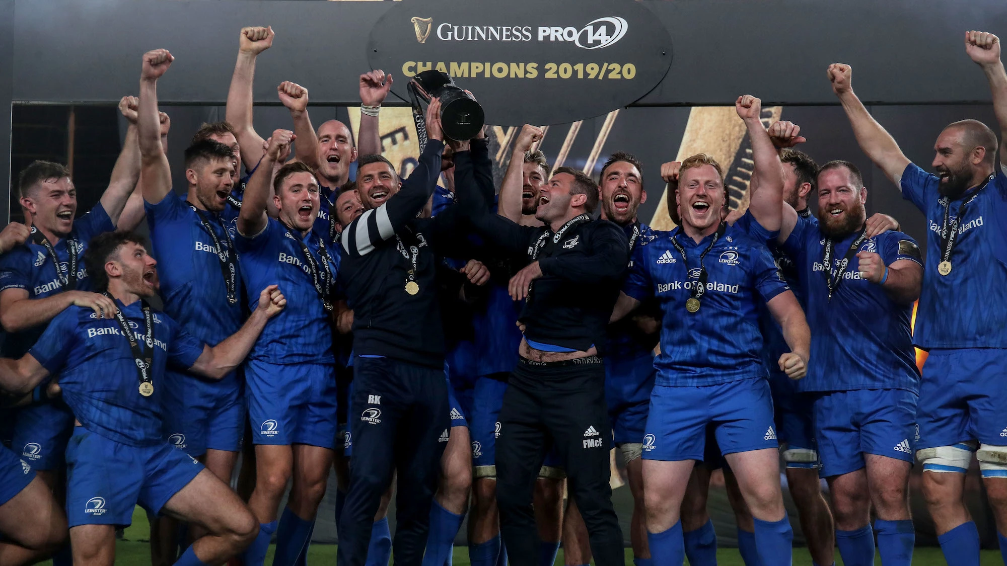 Rob Kearney and Fergus McFadden lift the Guinness PRO14 trophy as Leinster are crowned champions 12/9/2020