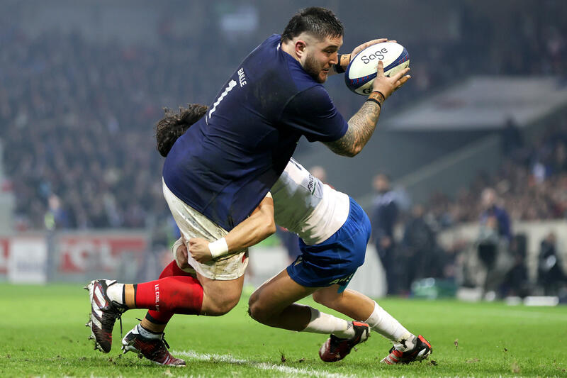 France's Cyril Baille is tackled by Ange Capuozzo of Italy during the 2024 Guinness Six Nations Championship Round 3 between France and Italy in Stade Pierre Mauroy, Lille, France Sunday February 25, 2024 (Photo by Laszlo Geczo / Inpho)