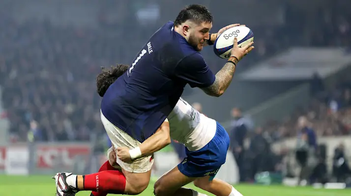 France's Cyril Baille is tackled by Ange Capuozzo of Italy during the 2024 Guinness Six Nations Championship Round 3 between France and Italy in Stade Pierre Mauroy, Lille, France Sunday February 25, 2024 (Photo by Laszlo Geczo / Inpho)