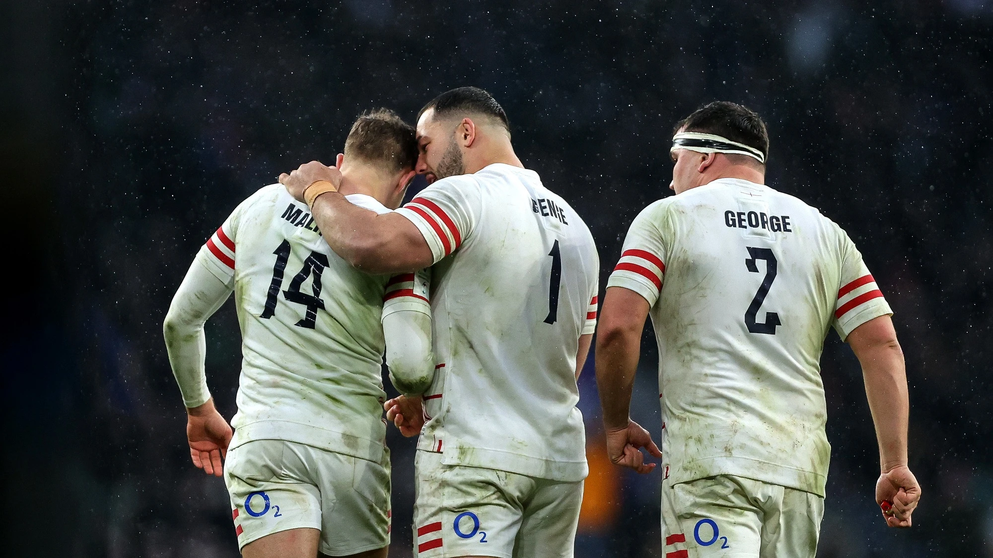 Max Malins celebrates scoring a try with Ellis Genge and Jamie George that was later ruled out by the TMO 11/3/2023