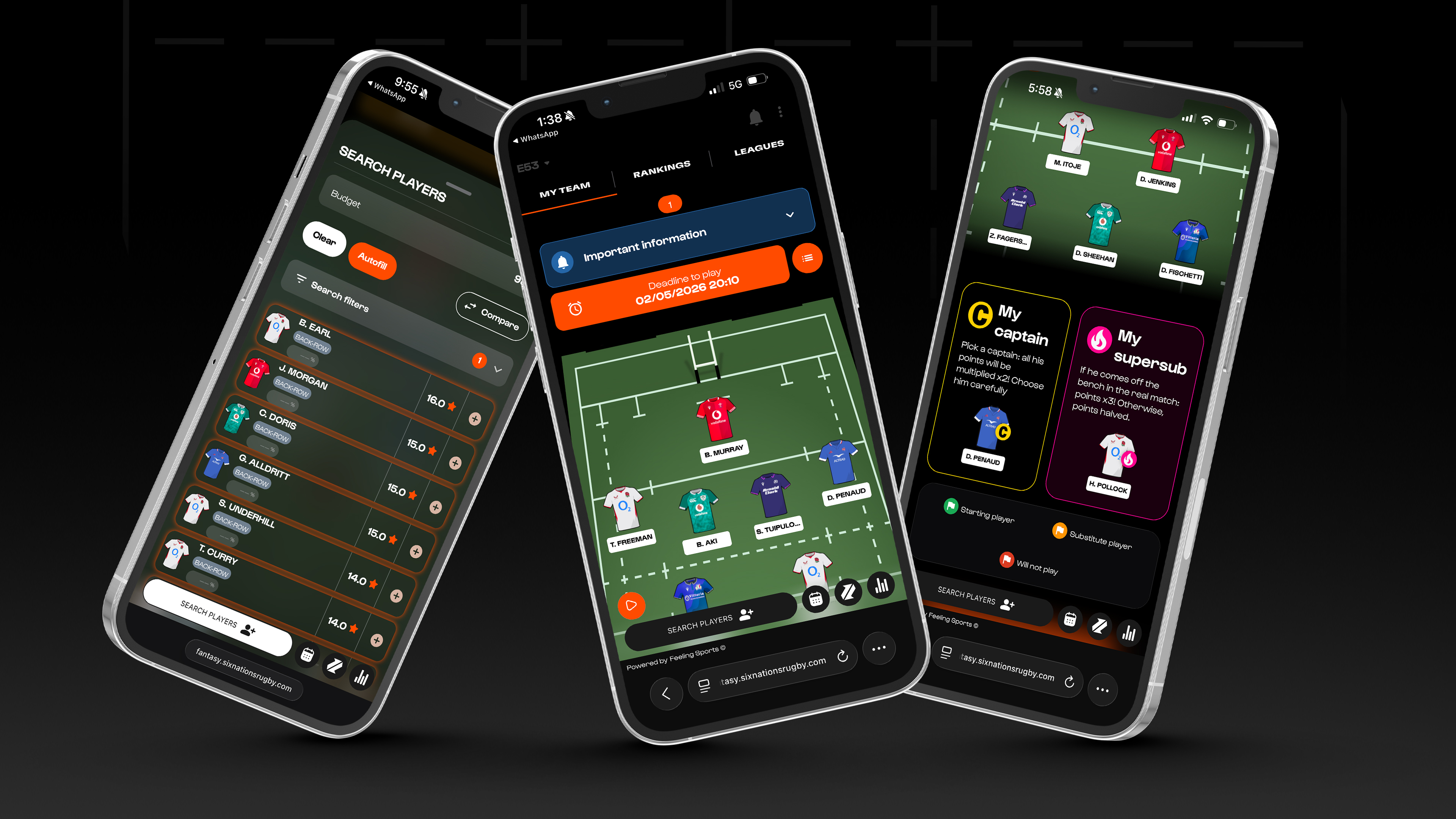 A graphic showing various 2026 fantasy rugby games open on mobile phone screens.