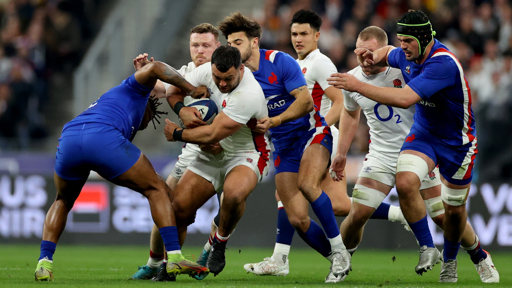 Jonathan Danty and Romain Ntamack tackles Ellis Genge 19/3/2022