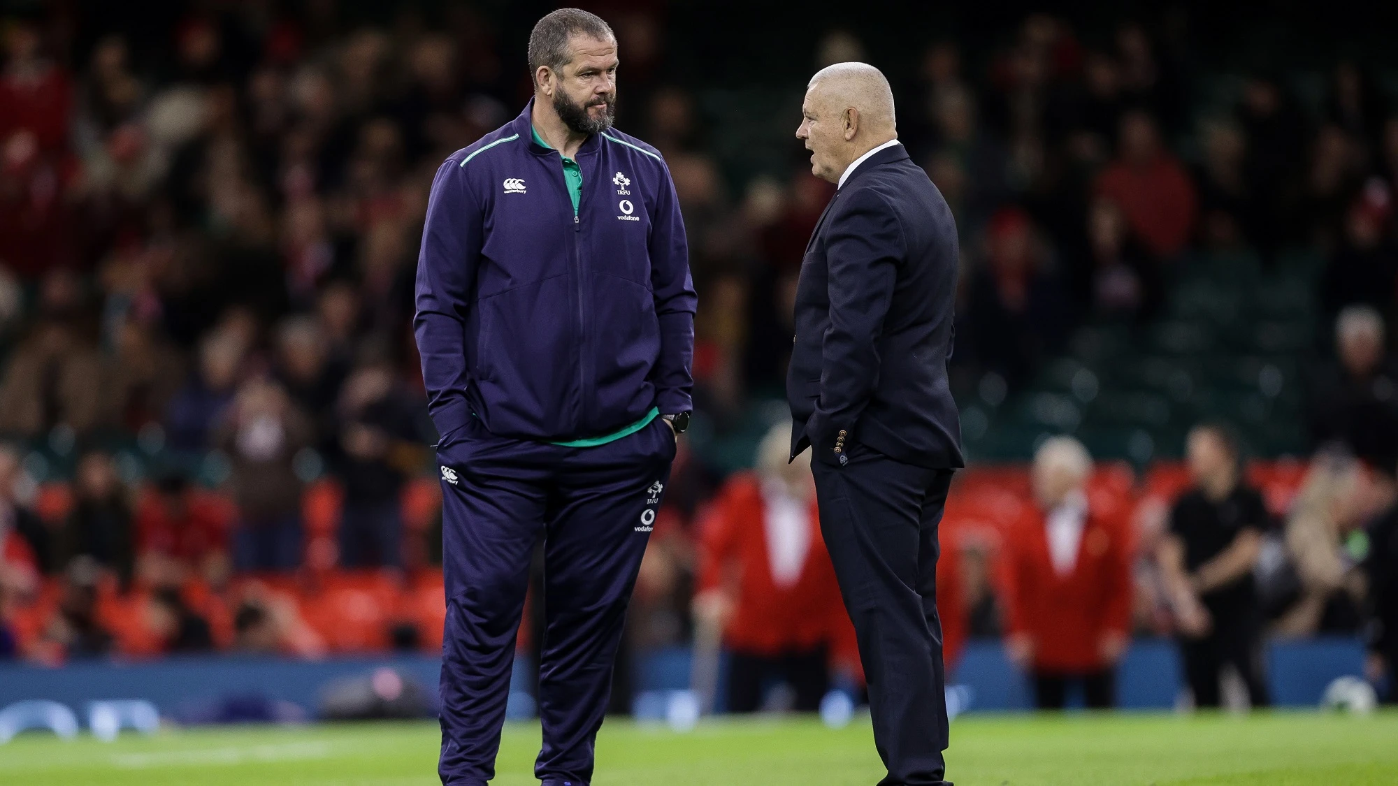 Andy Farrell speaks with Warren Gatland before the game 4/2/2023