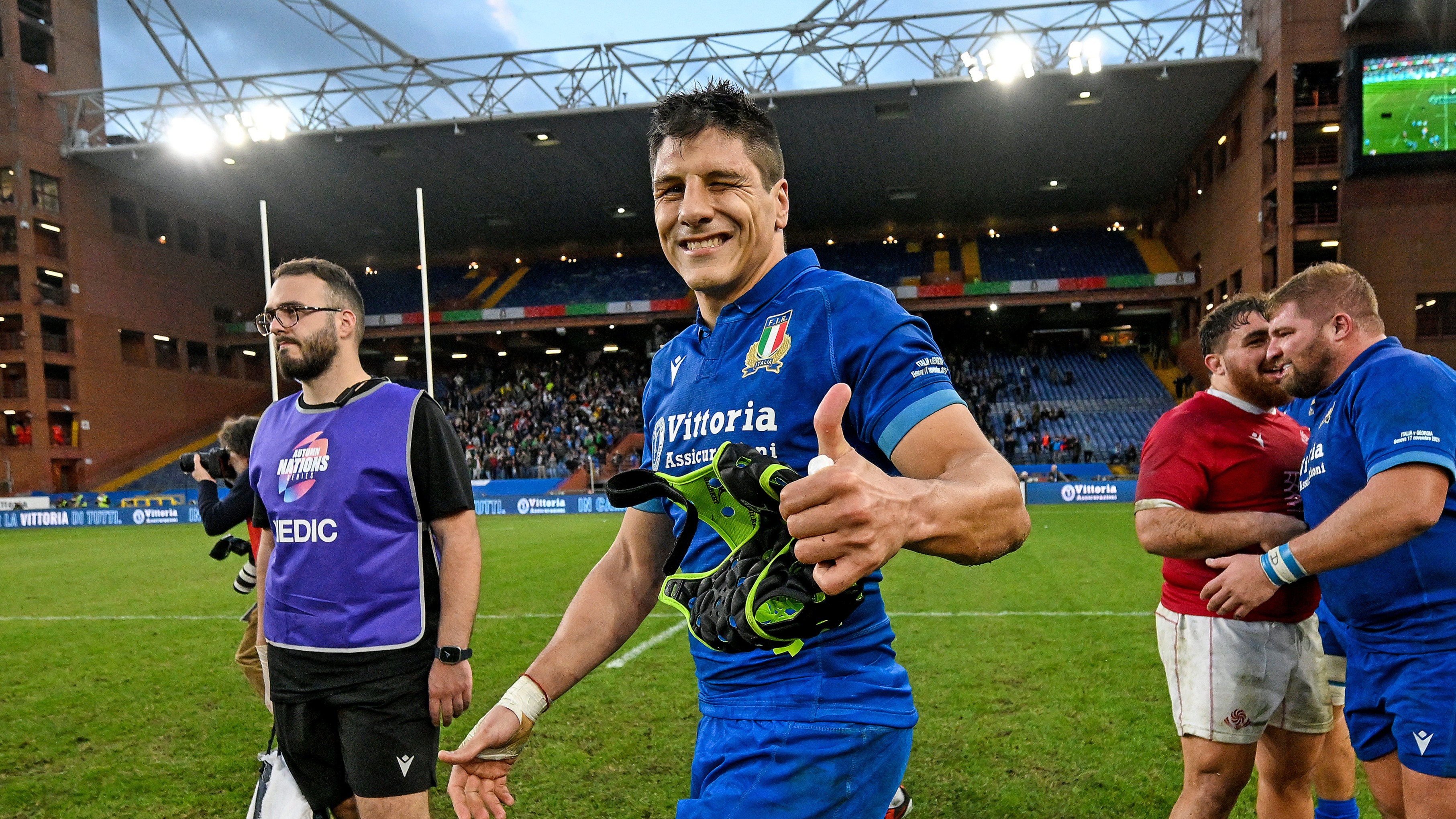 Italy's Juan Ignacio Brex gives a thumbs-up after the 2024 Autumn Nations Series matvh between Italy and Georgia.