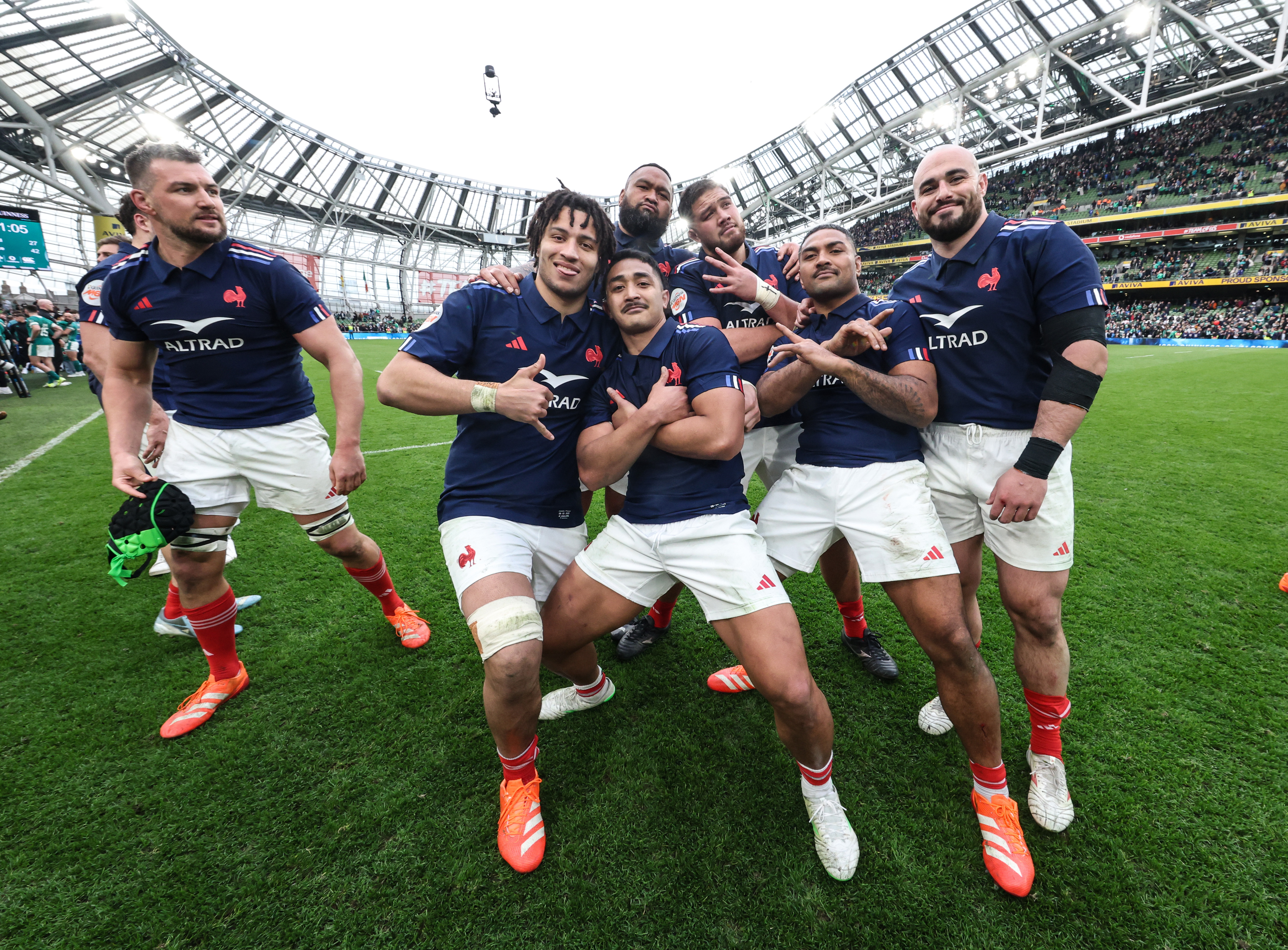 France players celebrate after the 2025 Six Nations Championship Round 4 between Ireland and France in Aviva Stadium, Dublin, Ireland, Saturday, March 8, 2025 (Photo by Billy Stickland / Inpho)