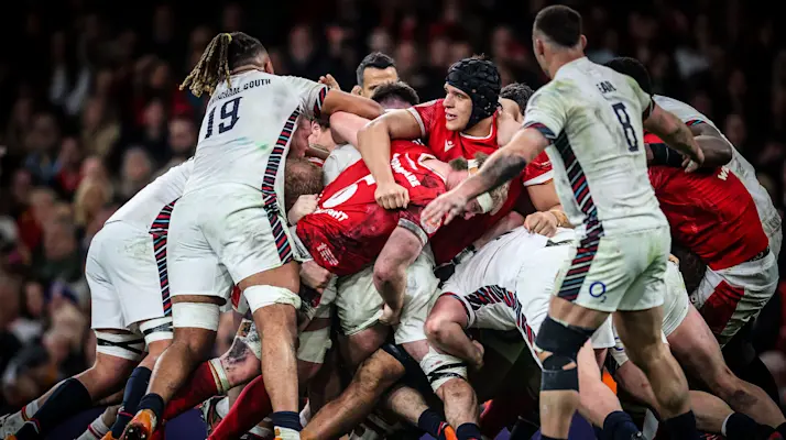 A view of a maul during the 2025 Guinness Six Nations Championship Round 5 game between Wales and England in the Principality Stadium.