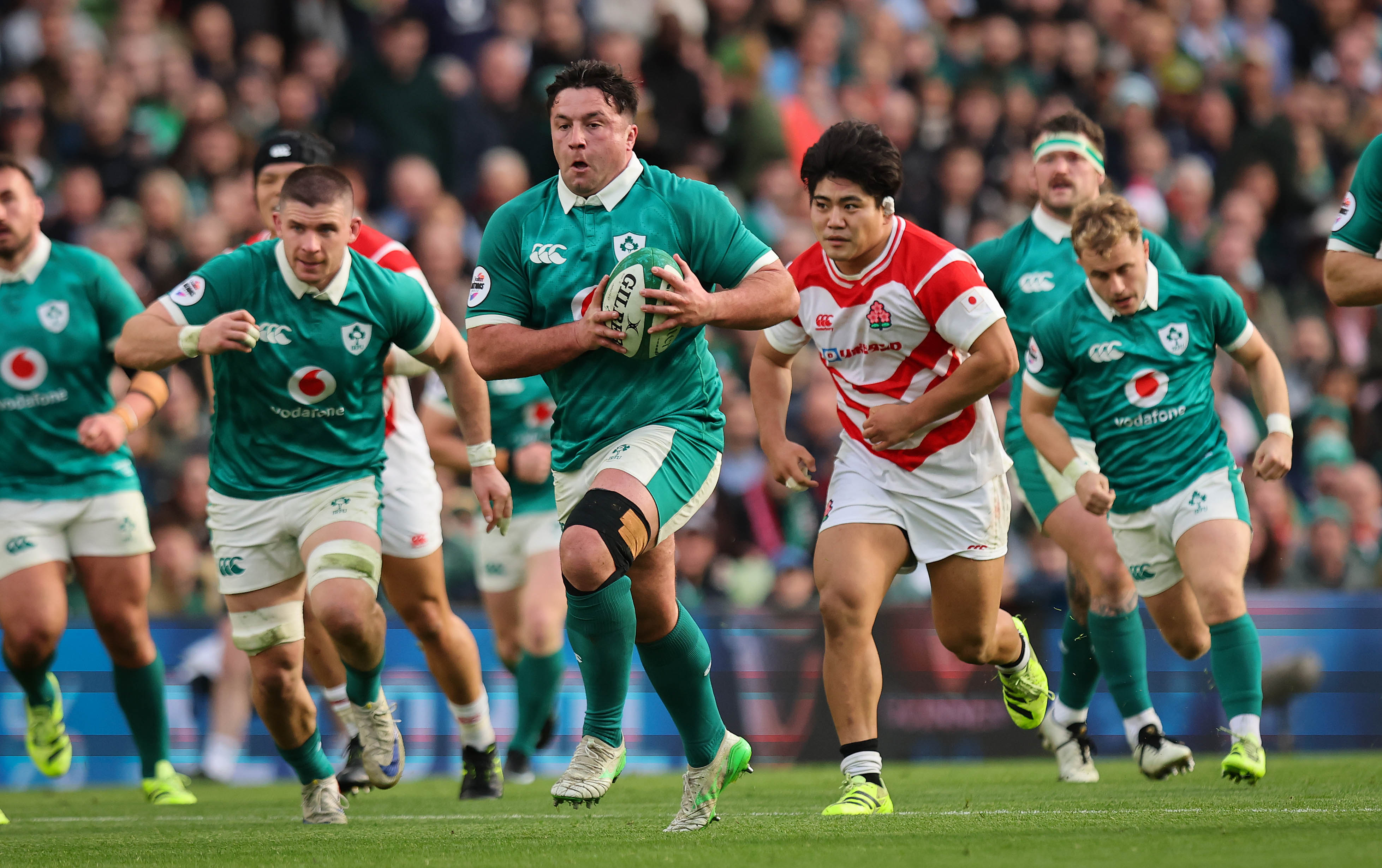 Ireland’s Thomas Clarkson makes a break during the 2025 Quilter Nations Series game against Japan in Aviva Stadium, Dublin.