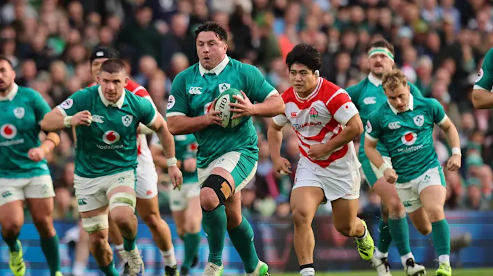 Ireland’s Thomas Clarkson makes a break during the 2025 Quilter Nations Series game against Japan in Aviva Stadium, Dublin.