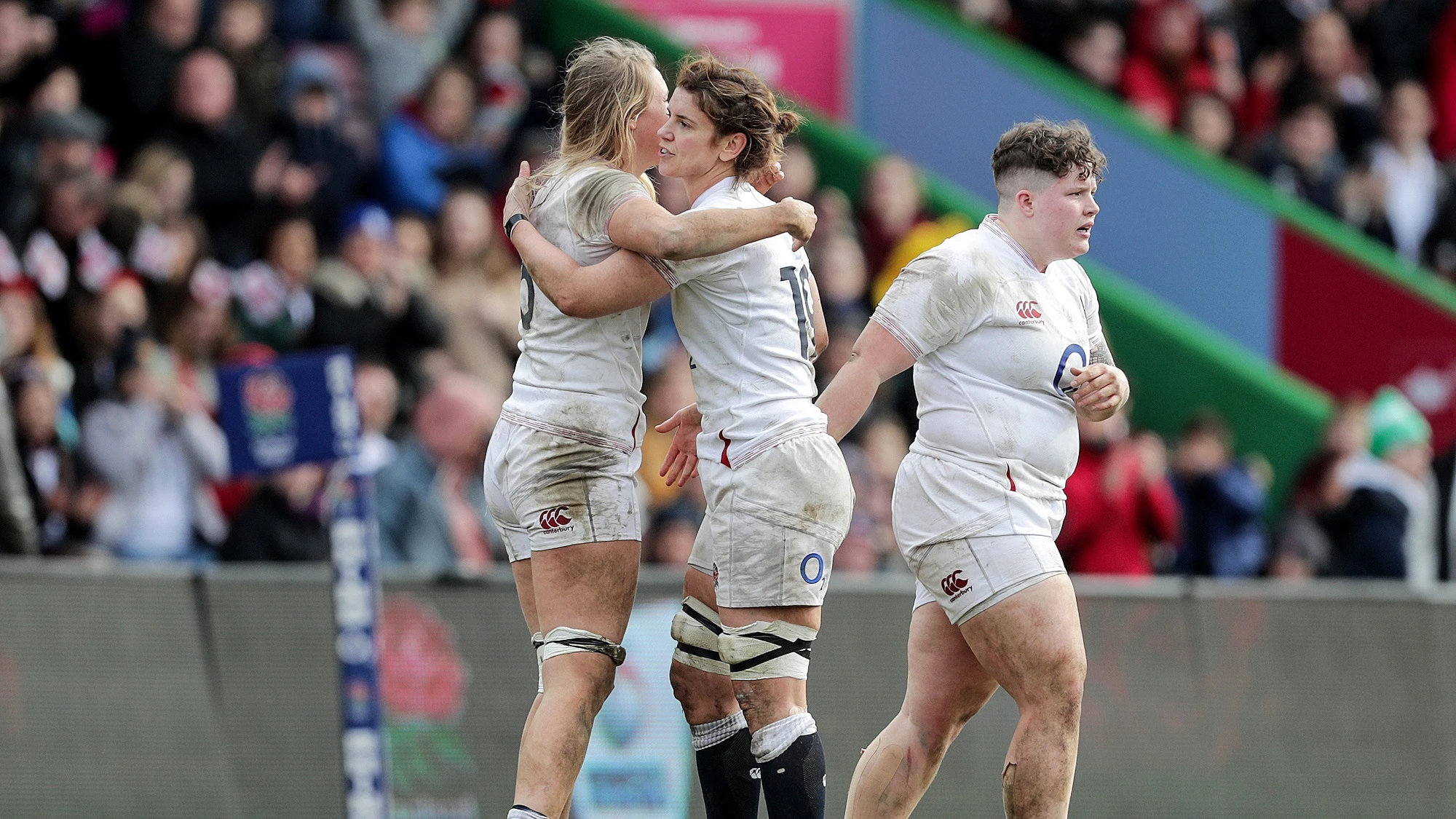 Zoe Aldcroft celebrates with Sarah Hunter at the final whistle 7/3/2020