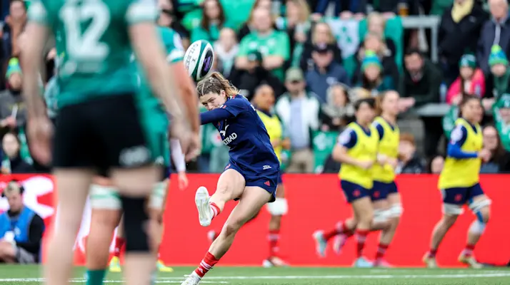 France's Morgane Bourgeois kicks during the 2025 Guinness Women's Six Nations Championship Round 1 game between Ireland and France in the Kingspan Stadium, Belfast, Northern Ireland, Saturday, March 22, 2025 (Photo by Billy Stickland / Inpho)