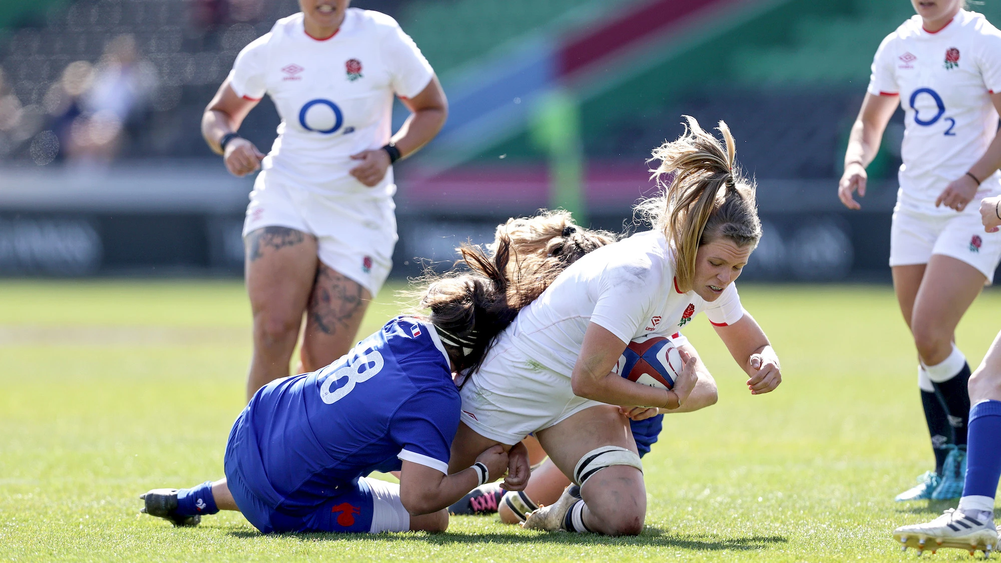 Zoe Aldcroft is tackled by Marjorie Mayan and Clara Joyeux 24/4/2021