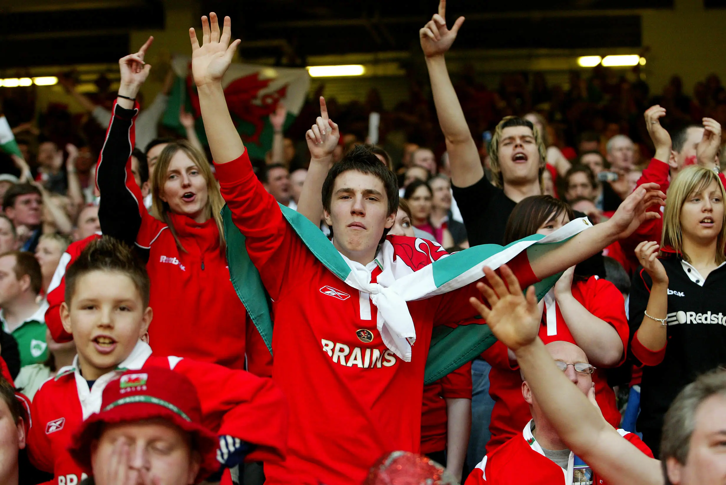 Wales fans celebrate beating England in the mid-2000s