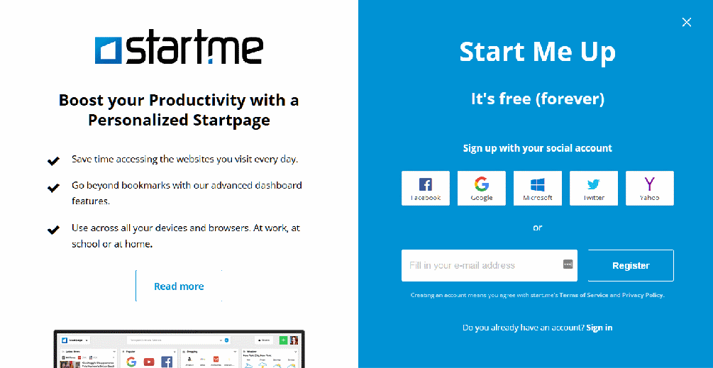 Start.me - 1. Sign up